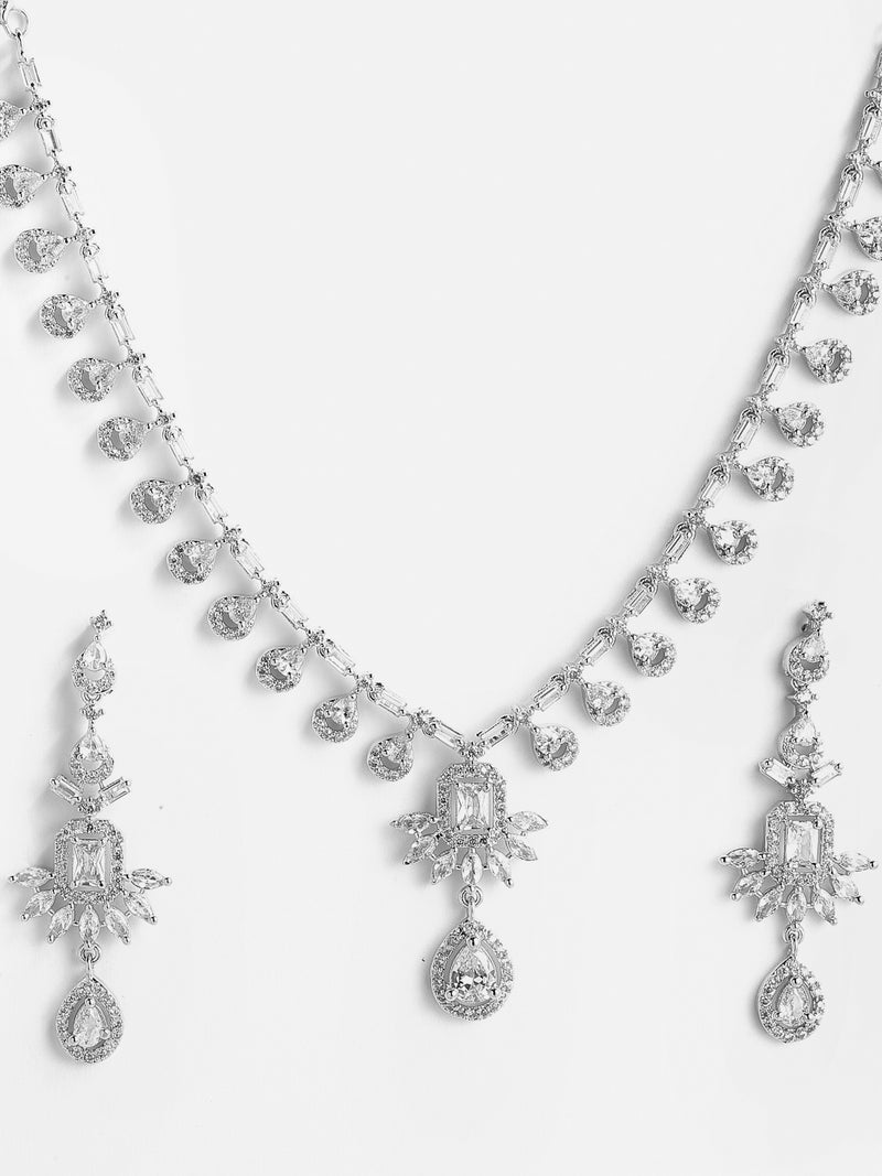 Rhodium-Plated with Silver-Tone & White American Diamond Studded Jewellery Set