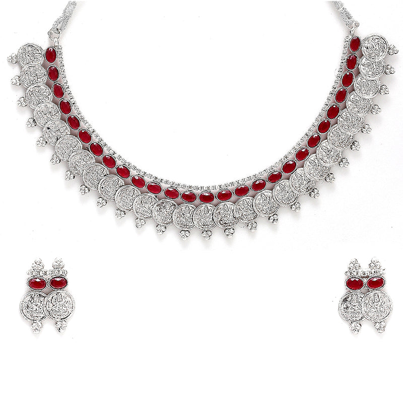 Temple Coin Rhodium-Plated with Silver-Tone Red Kundan-Studded  Jewellery Set