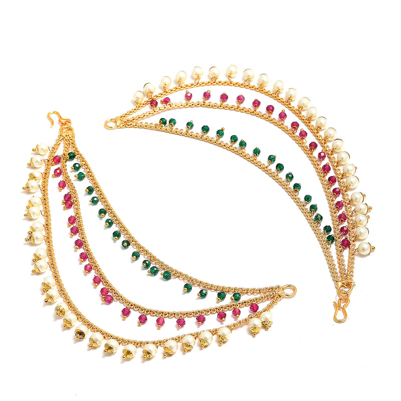 Set of 2 Multicoloured Stone-Studded Floral Shaped Gold-Plated Ear Chain