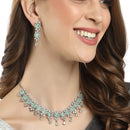 Rhodium-Plated Silver-Toned & Sea-Green American Diamond Stone-Studded Jewellery Set