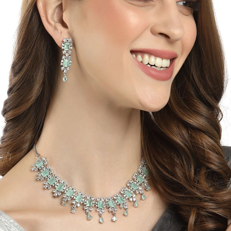 Rhodium-Plated Silver-Toned & Sea-Green American Diamond Stone-Studded Jewellery Set