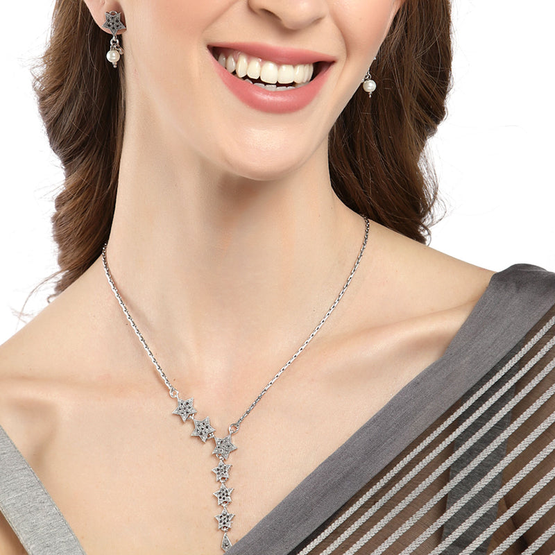 Rhodium-Plated with Silver-Tone Silver CZ Studded Handcrafted Jewellery Set