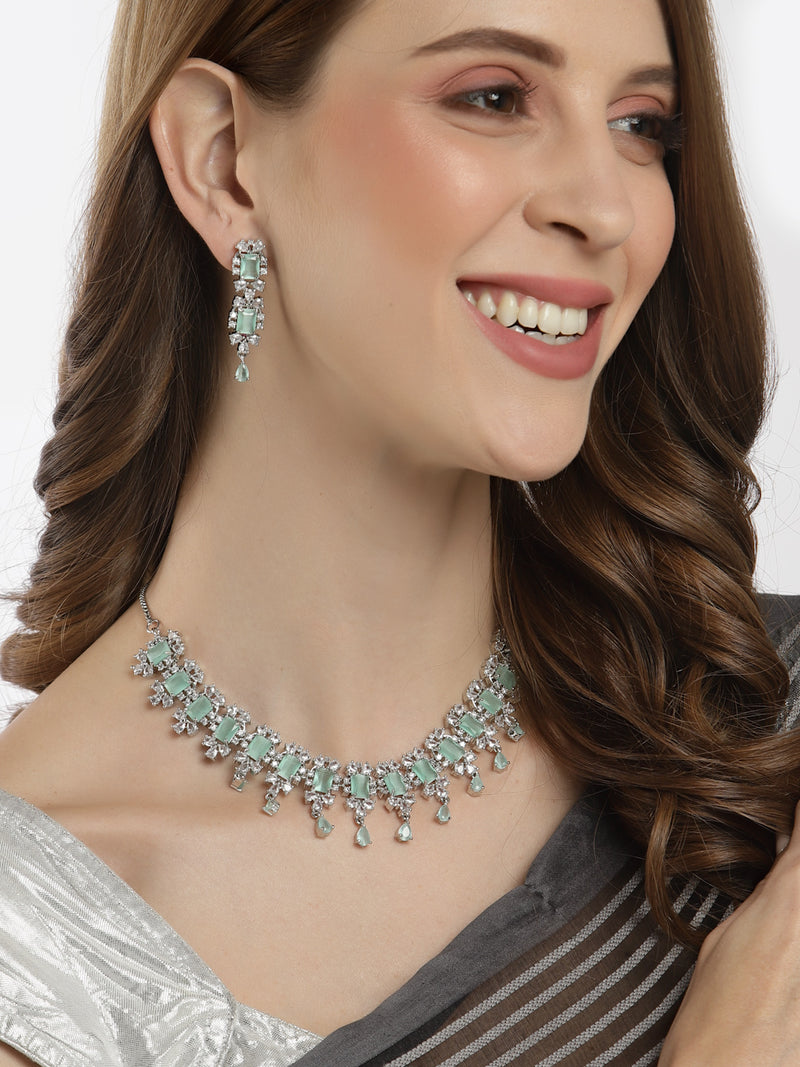Rhodium-Plated Silver-Toned & Sea-Green American Diamond Stone-Studded Jewellery Set