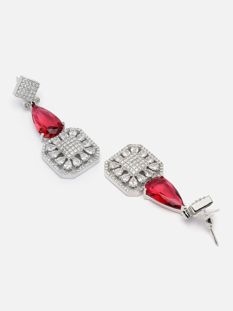 Rhodium-Plated Red & White American Diamond studded Square & Teardrop Drop Earrings