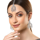 Rhodium-Plated with Silver-Toned Round Shape White American Diamond-Studded Maang Tikka & Earrings Set