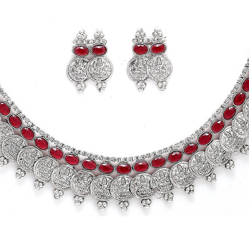 Temple Coin Rhodium-Plated with Silver-Tone Red Kundan-Studded  Jewellery Set