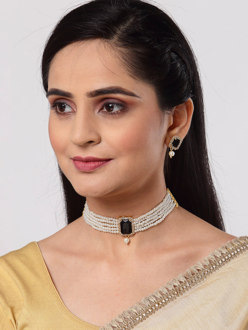 White & Black Gold-Plated American Diamond Studded Choker Jewellery Set