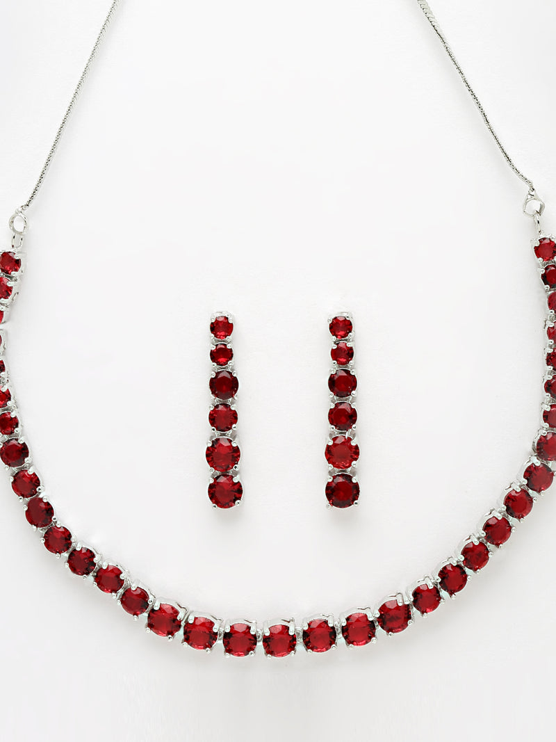 Rhodium-Plated with Silver-Tone Red American Diamond Studded Handcrafted Jewellery Set