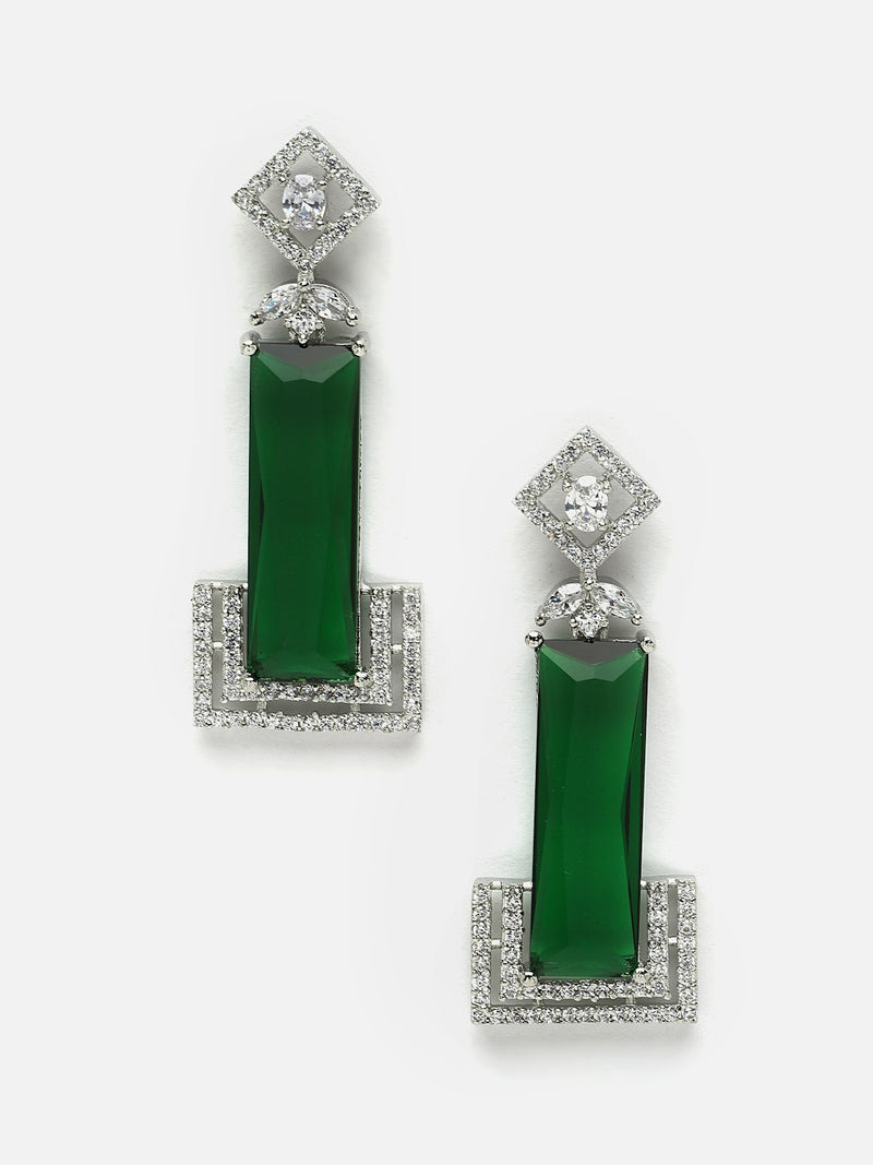 Rhodium-Plated Green American Diamond studded Rectangular Shaped Drop Earrings