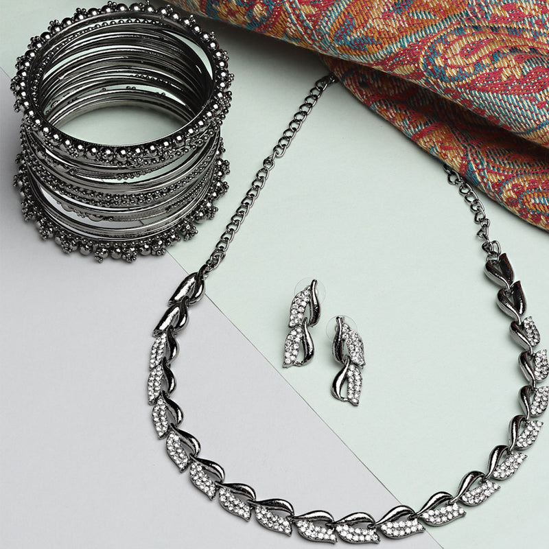 Oxidized Leaf White Cubic Zirconia Studded Combo - Necklace, Earrings, Bangles