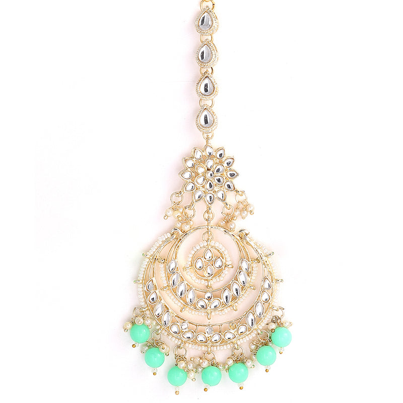Rose Gold-Plated Sea Green American Diamond Studded Contemporary Head Jewellery With Earring