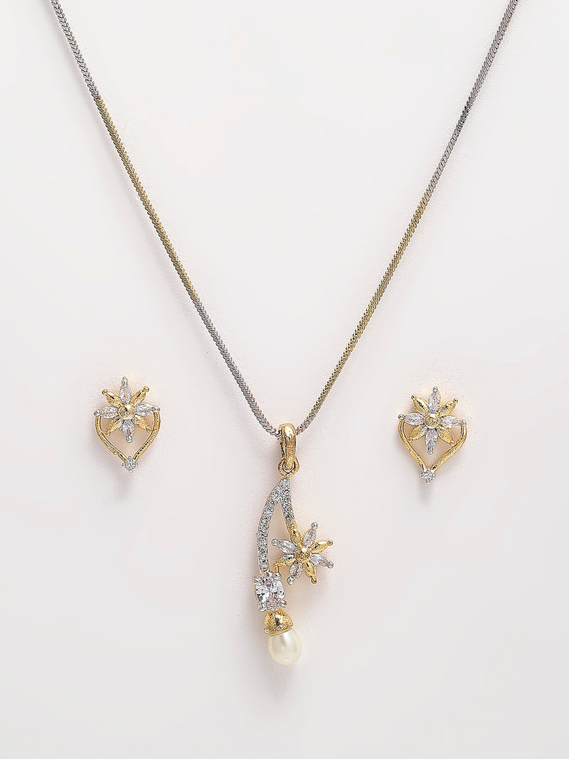 Flower & Leaf shape Gold-Plated White Cubic Zirconia Stone-Studded Jewellery Set Combo