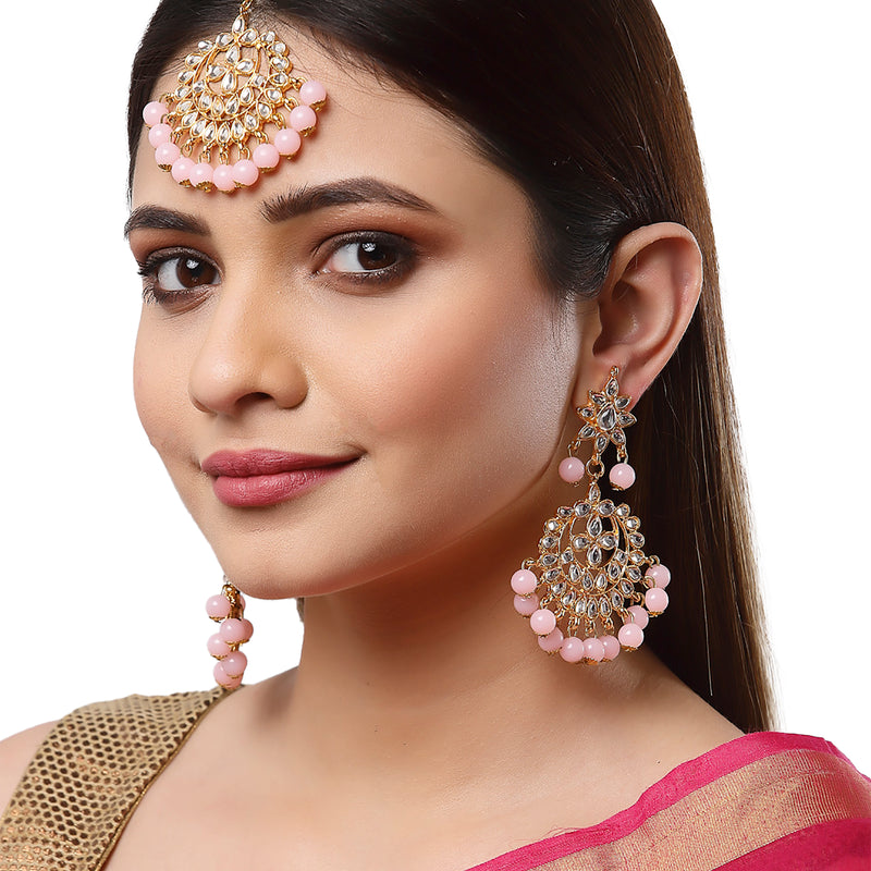 Gold-Plated Pink Pearl & Kundan Studded Maang Tikka With Earrings