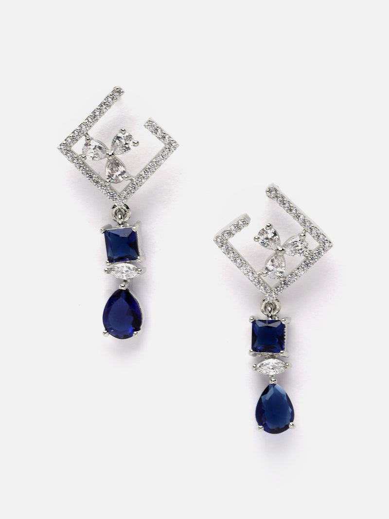 Rhodium-Plated Navy Blue & White American Diamond studded Square & Teardrop Shaped Contemporary Drop Earrings