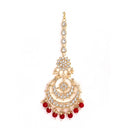 Gold Plated Red Kundan Bead Drop Ethnic Maang Tikka & Earring