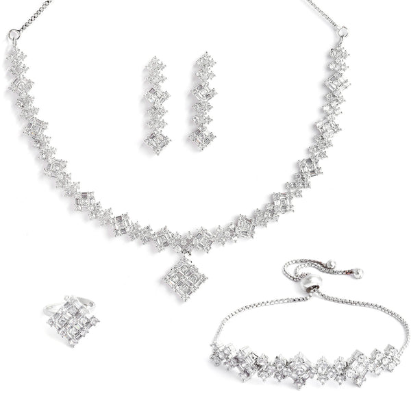 Rhodium-Plated with Silver-Toned White American Diamond Studded Jewellery Set Combo