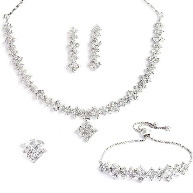 Rhodium-Plated with Silver-Toned White American Diamond Studded Jewellery Set Combo