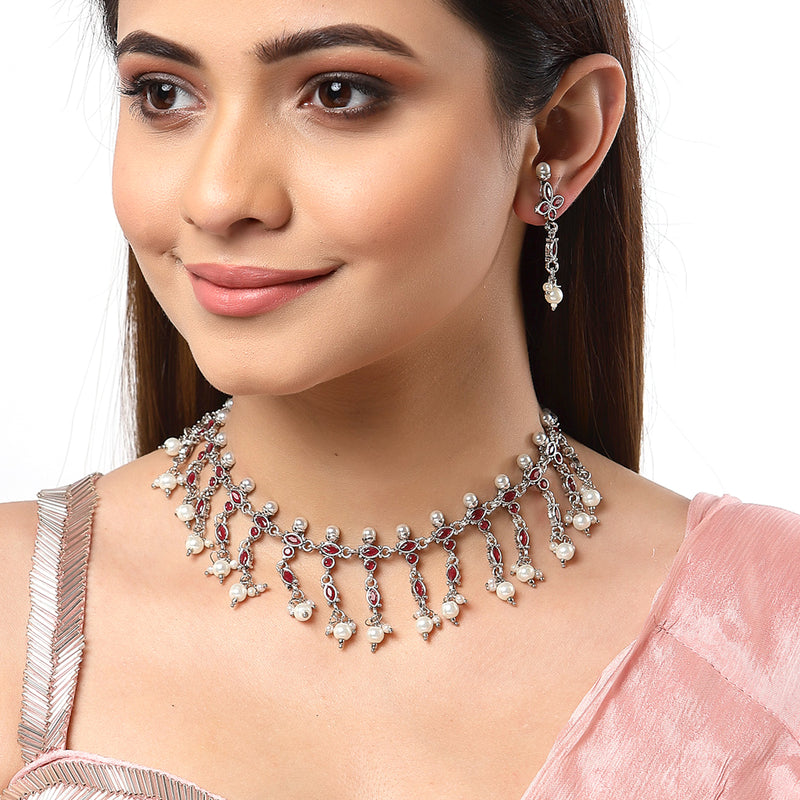 Rhodium-Plated with Oxidised Silver-Tone Red & White Kundan-Studded & Beaded Jewellery Set