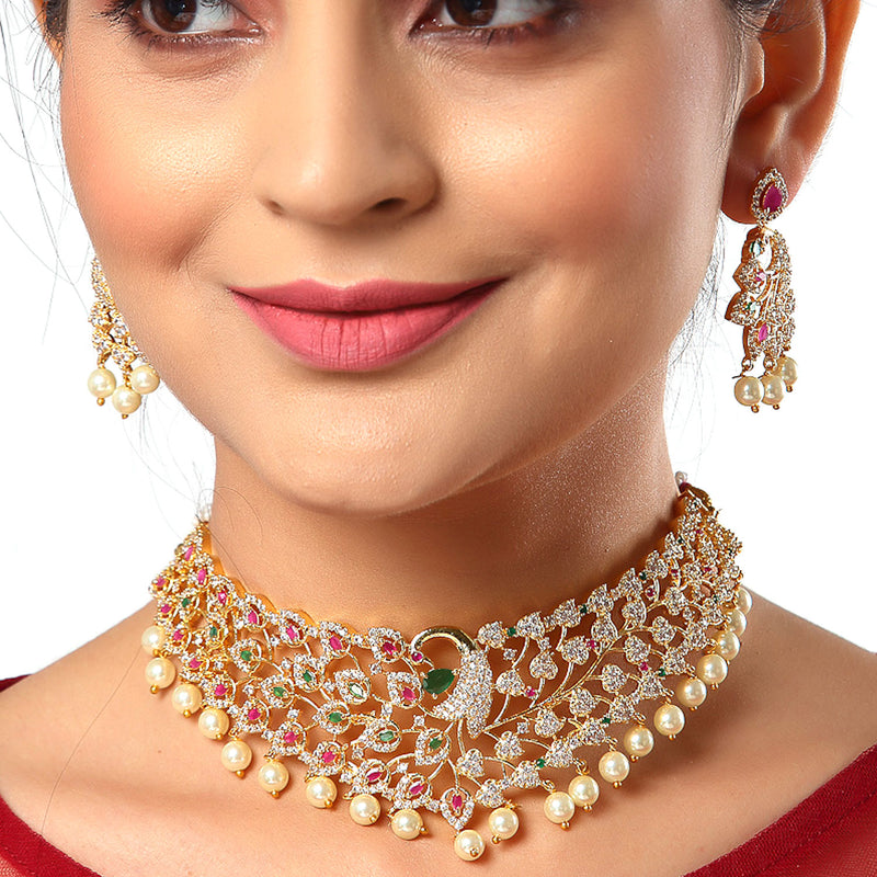 Peacock Design Choker with Gold-Plated Red American Diamond Studded Jewelry Set