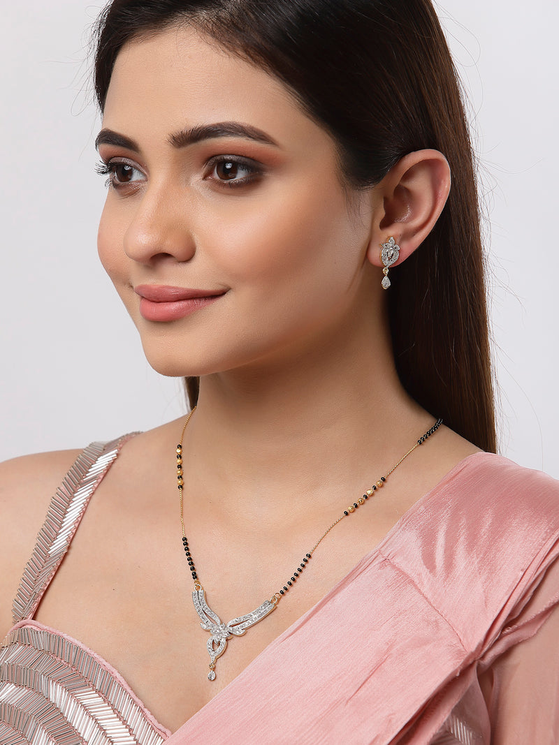 Flower Shaped Gold Plated Black Beaded white AD-Stone Studded Mangalsutra with Earrings