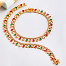 Gold Plated Red & Green Teardrop Cubic Zirconia Stone-Studded Anklets Set Of 2