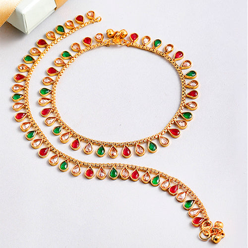 Gold Plated Red & Green Teardrop Cubic Zirconia Stone-Studded Anklets Set Of 2