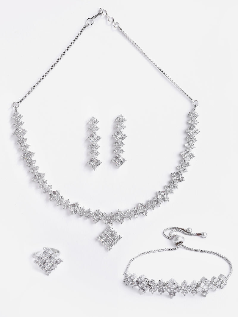 Rhodium-Plated with Silver-Toned White American Diamond Studded Jewellery Set Combo