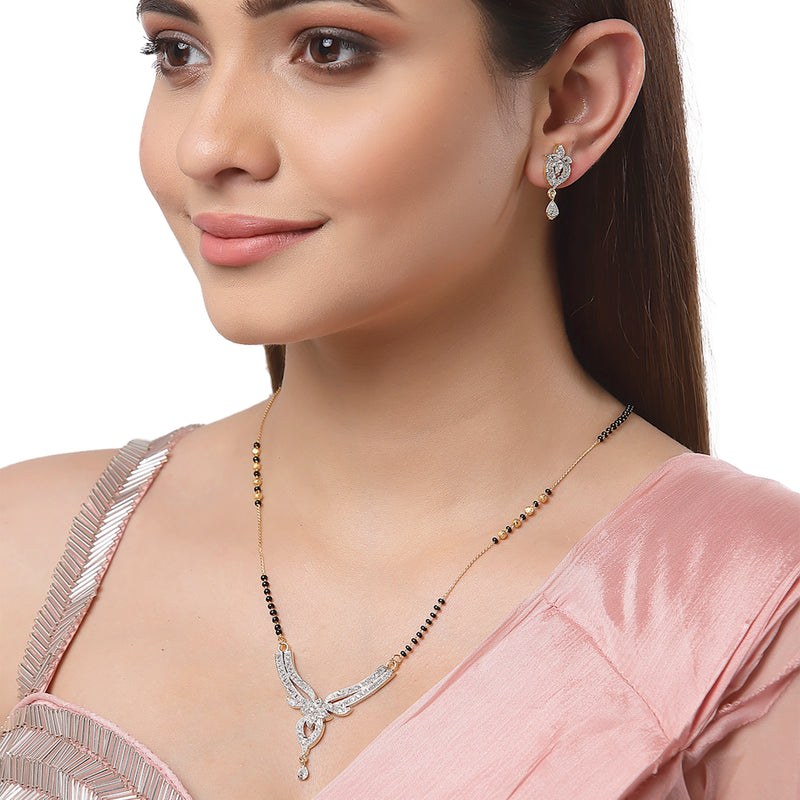 Flower Shaped Gold Plated Black Beaded white AD-Stone Studded Mangalsutra with Earrings