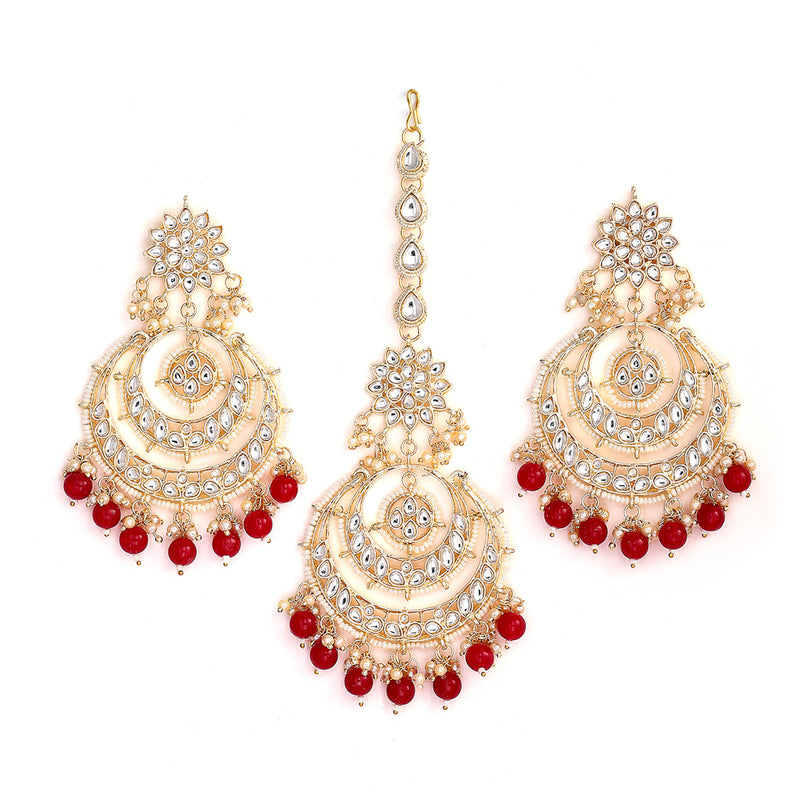 Gold-Plated Pearl Drops Red Kundan Chandbali Maang Tikka & Earrings Set