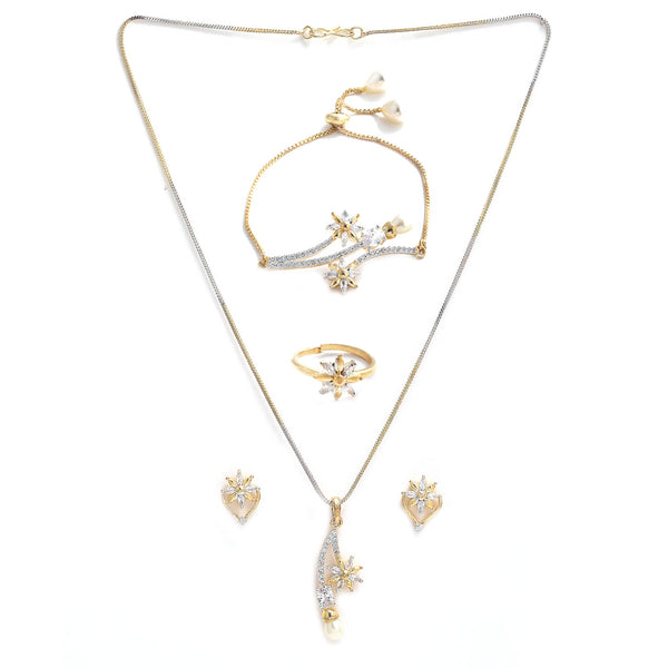 Flower & Leaf shape Gold-Plated White Cubic Zirconia Stone-Studded Jewellery Set Combo