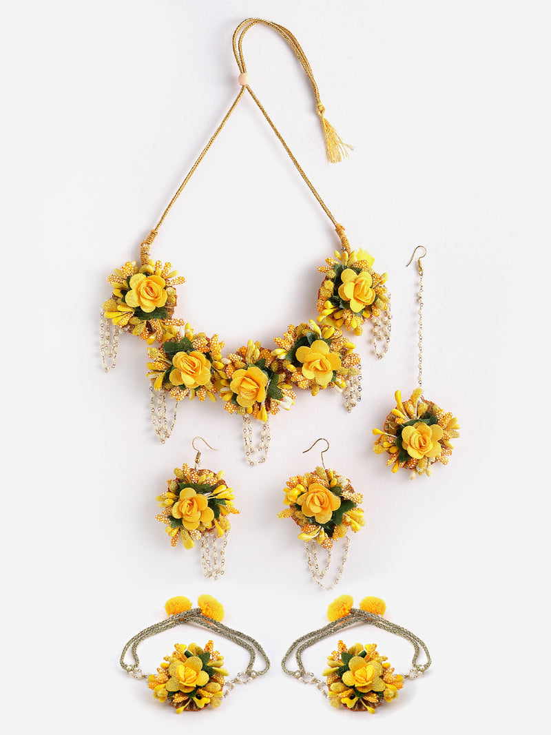 Gold-Plated & Yellow Flower & Pearl-Beaded Flower Jewellery Set Combo