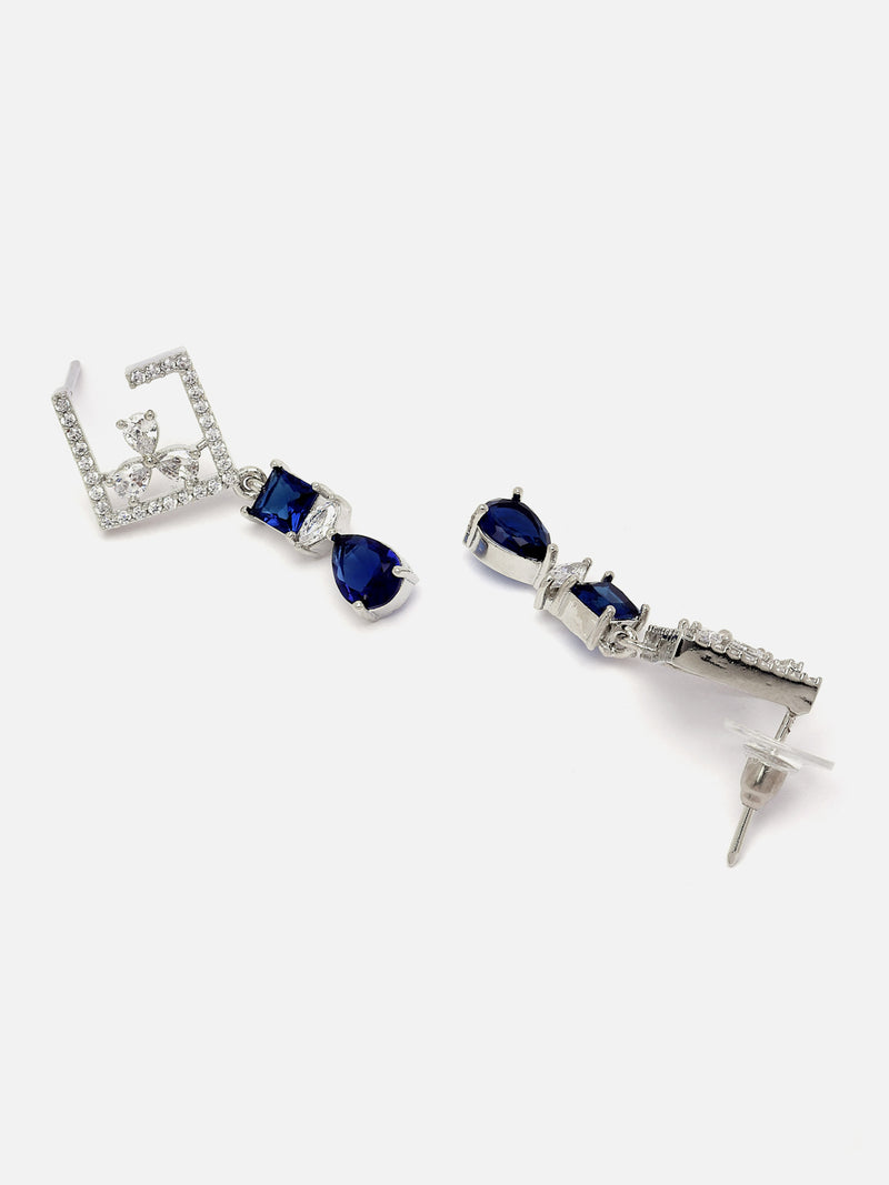 Rhodium-Plated Navy Blue & White American Diamond studded Square & Teardrop Shaped Contemporary Drop Earrings