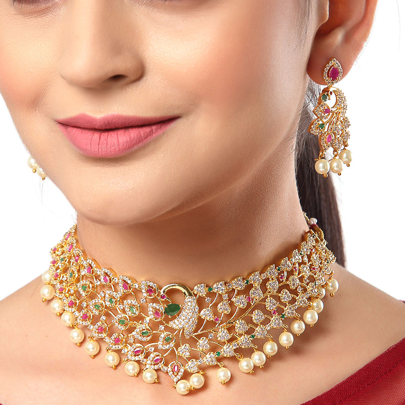 Floral Design Gold-Plated White Red and Green American Diamond-Studded & Drop Pearl Beaded Jewellery Set