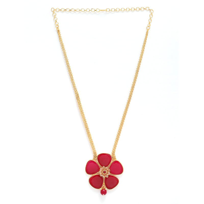 Gold-Plated Red Stone Studded Flower Pendant