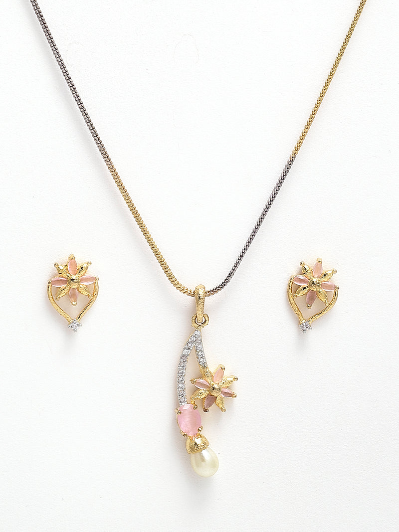 Gold Plated American Diamond, Pearl White Beads And Pink Crystal Necklace Set With Pendant, Earring And Ring