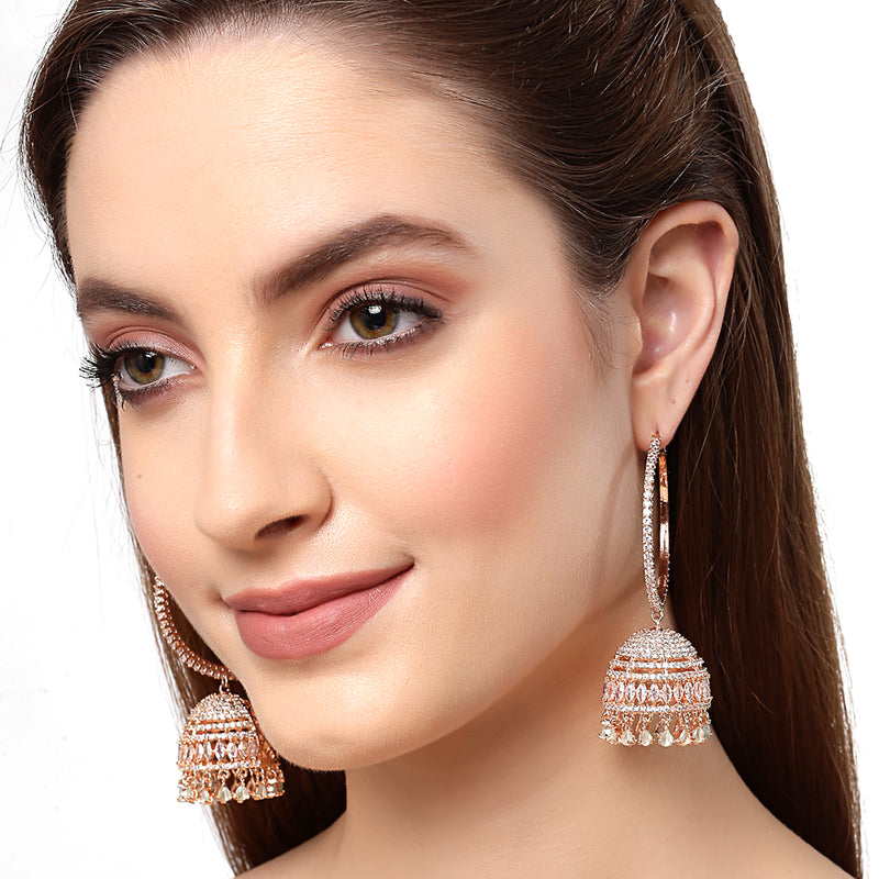 Rose Gold-Plated Dome Shaped American Diamond Jhumkas Earrings