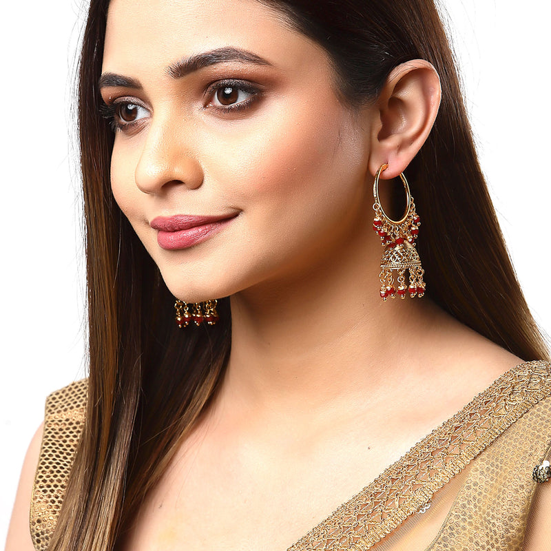 Red & Gold-Toned Copper Cubic Zirconia Dome Shaped Jhumkas Earrings