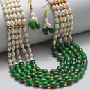 Gold-Plated Green & White Pearl Beaded 5 Layered Necklace with Drop Earrings Jewelry Set