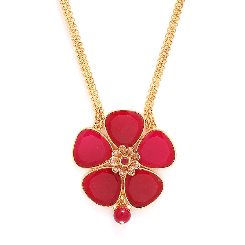 Gold-Plated Red Stone Studded Flower Pendant