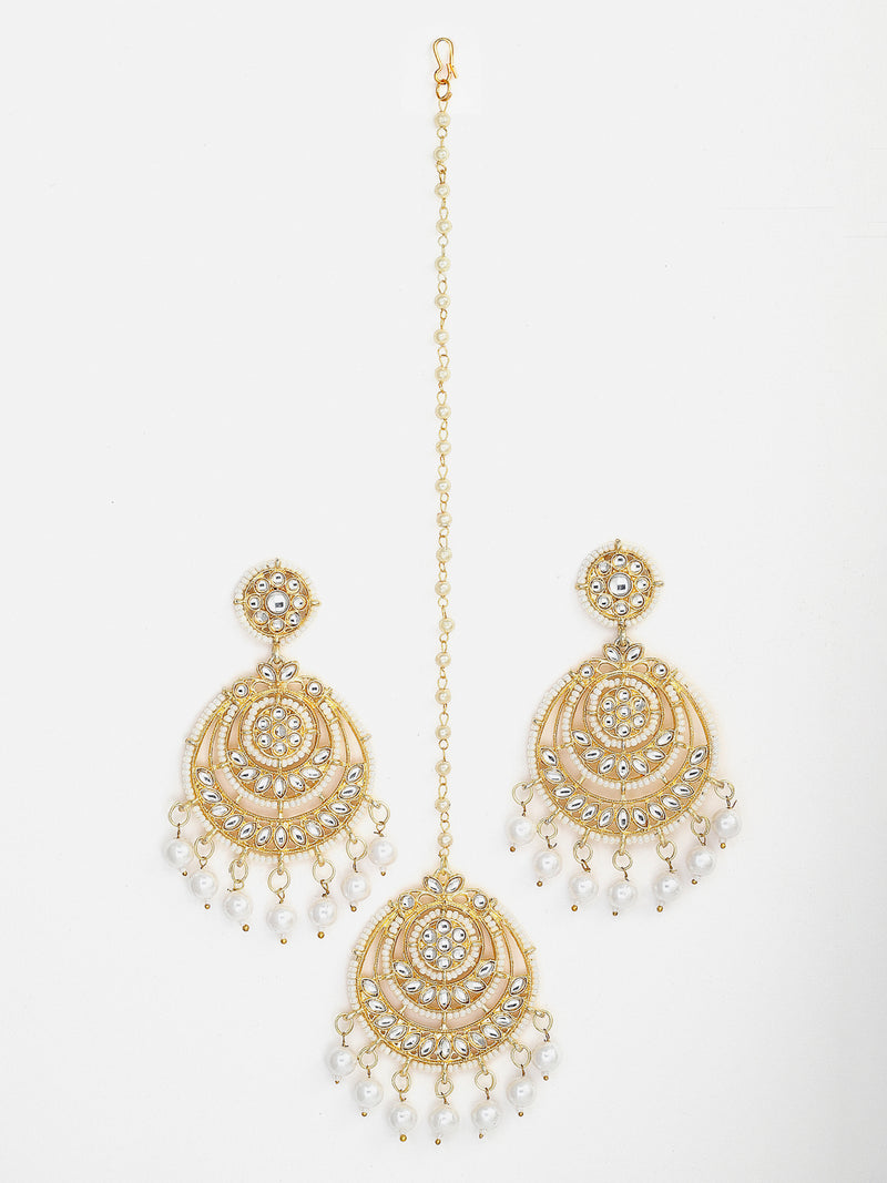 Gold-Plated White Stone Studded & Beaded Jewellery Set