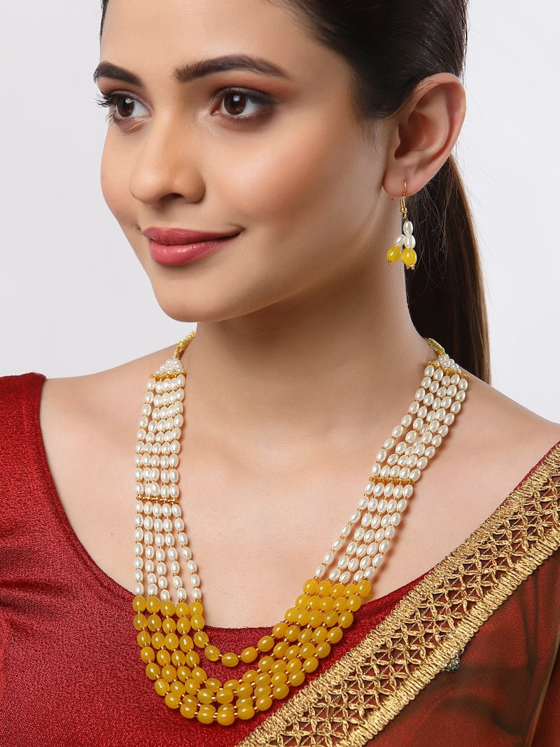 Gold-Plated Off-White & Yellow Pearl Beaded 5-Layered Jewellery Set