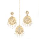 Gold-Plated Pearl Drops White Kundan Chandbali Maang Tikka & Earrings Set