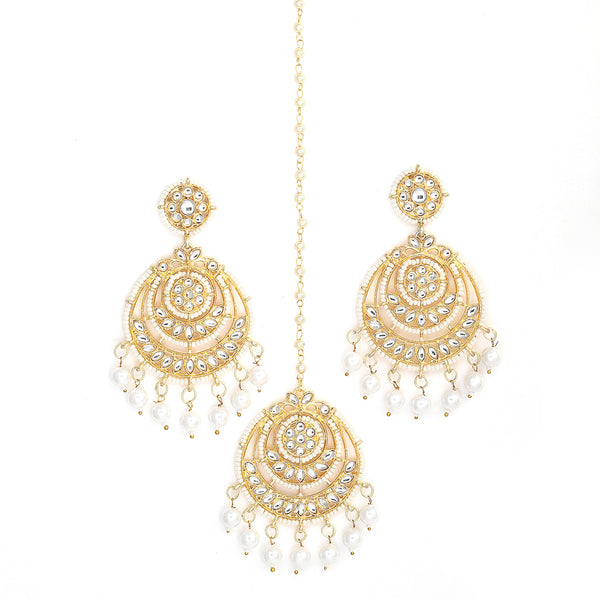 Gold-Plated Pearl Drops White Kundan Chandbali Maang Tikka & Earrings Set