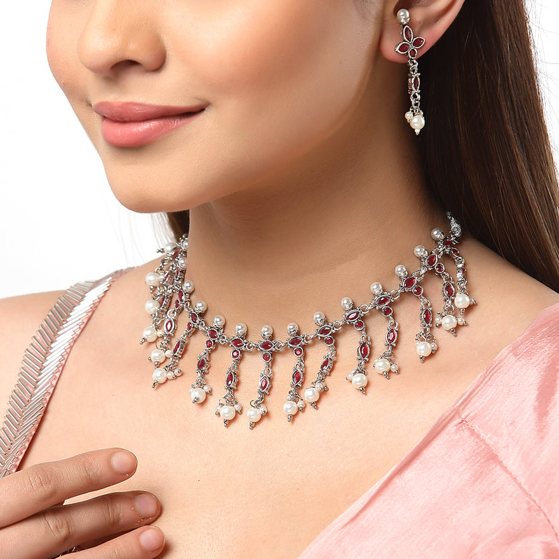 Rhodium-Plated with Oxidised Silver-Tone Red & White Kundan-Studded & Beaded Jewellery Set