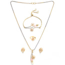 Gold Plated American Diamond, Pearl White Beads And Pink Crystal Necklace Set With Pendant, Earring And Ring