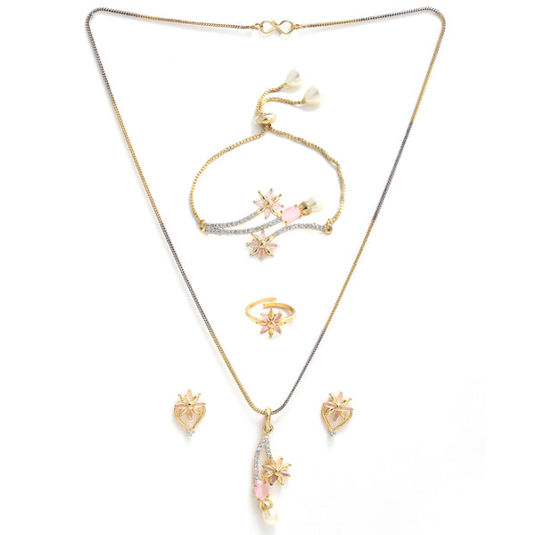 Gold Plated American Diamond, Pearl White Beads And Pink Crystal Necklace Set With Pendant, Earring And Ring