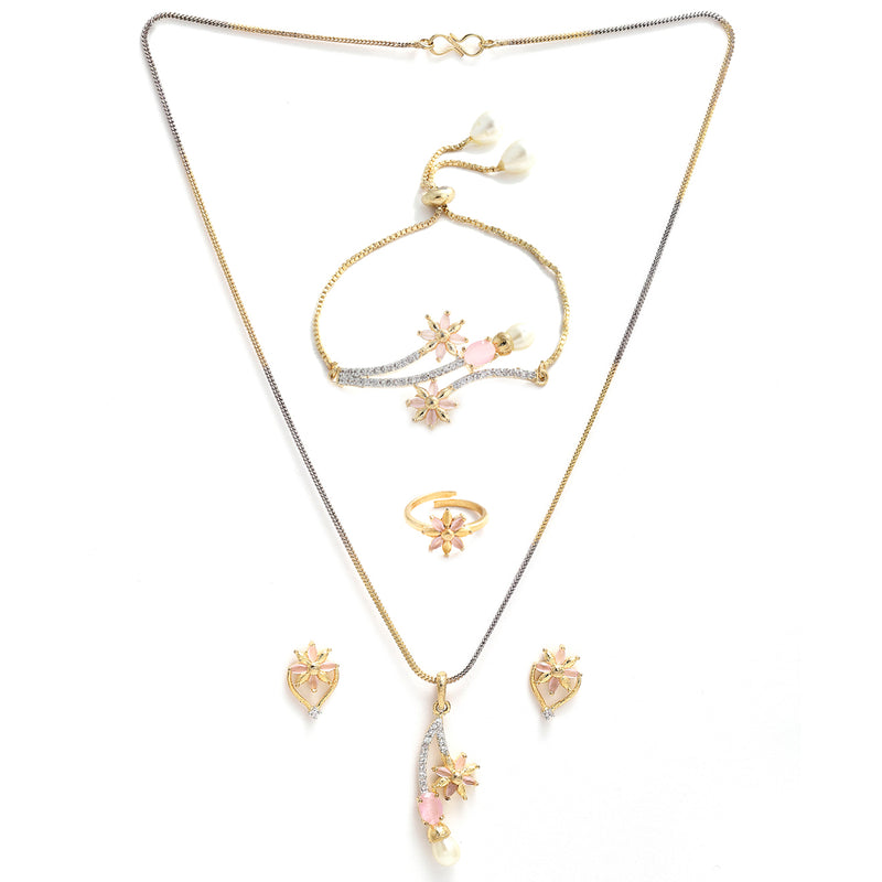 Gold Plated American Diamond, Pearl White Beads And Pink Crystal Necklace Set With Pendant, Earring And Ring