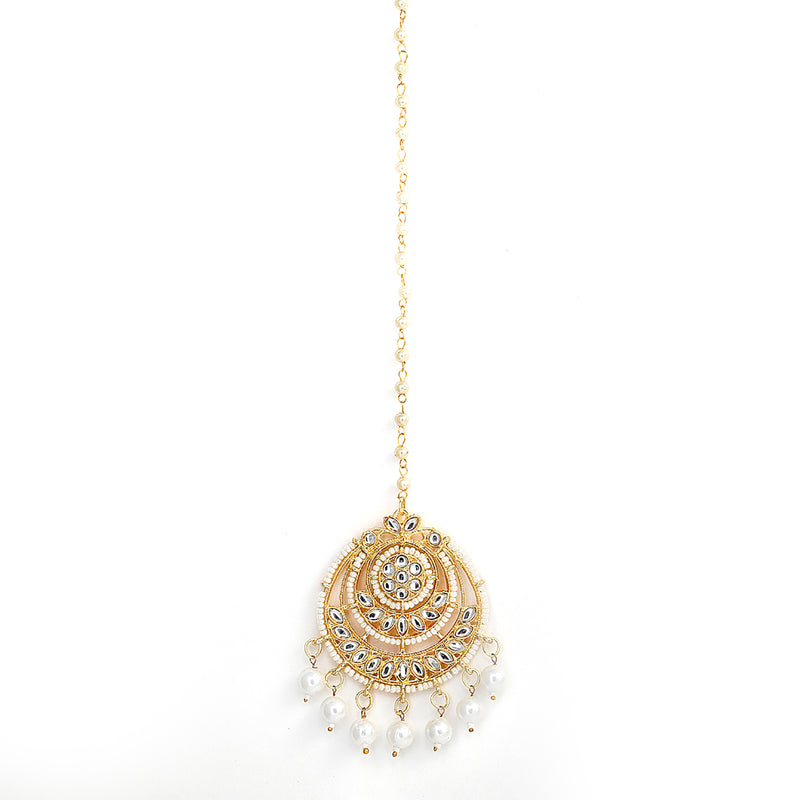 Gold-Plated Pearl Drops White Kundan Chandbali Maang Tikka & Earrings Set