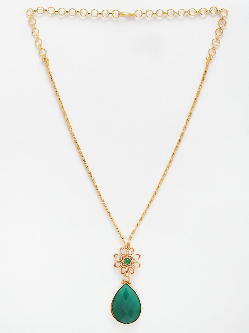 Gold-Plated Green & Off-White CZ-Studded Pendant With Chain