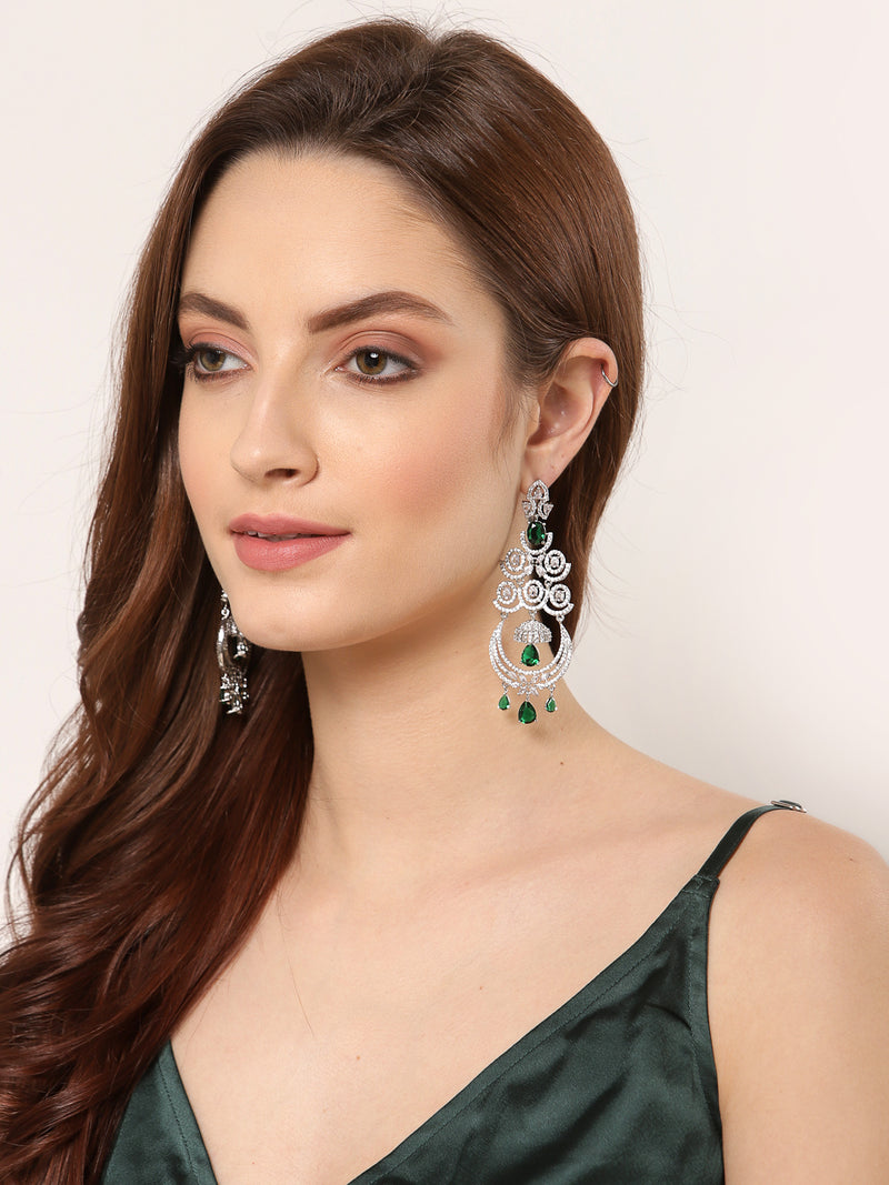 Green & White Rhodium-Plated with Silver-Tone American Diamond Chandelier Earrings